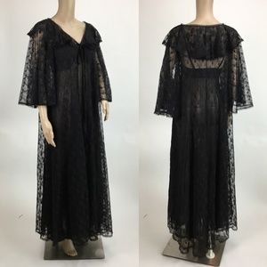 Vintage Virginia Wallace 70s 80s 90s Peignoir Set Black Lace